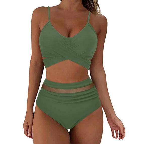 Ecqkame Womens 2 Piece Bikini Set Push Up Crop Tops High-Waisted Tummy Control Swimsuits Solid Color Wrapped Swimwear Army Green B XXL on Clearance