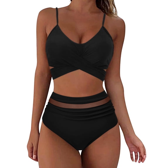 Ecqkame Womens 2 Piece Bikini Set Push Up Crop Tops High-Waisted Tummy Control Swimsuits Solid Color Wrapped Swimwear Black B L