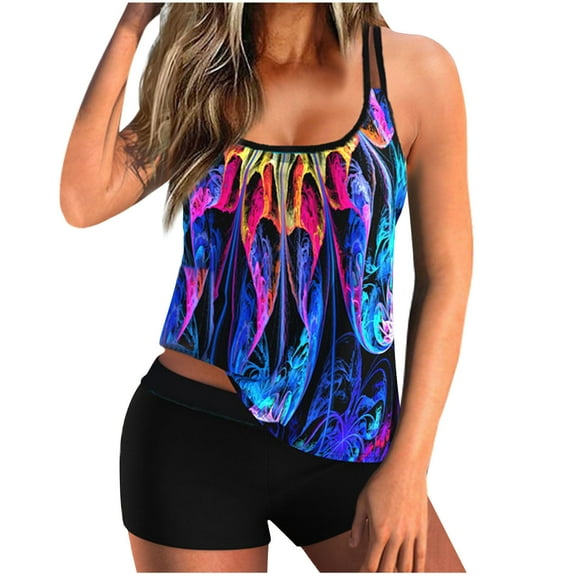 Ecqkame Womens 2024 Plus Size Tankini Swimsuits High-Waisted Two Piece Swimwear Athletic Bathing Suits with Tummy Control Shorts Blue XXXL