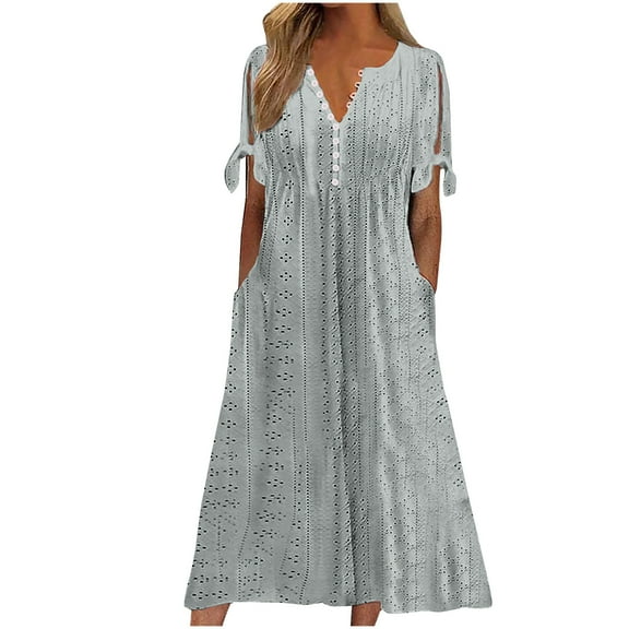 Ecqkame Womens 2025 Summer Dress Hollow Out Eyelet A Line Long Dress Casual Short Sleeve V Neck Flowy Dresses Gray M