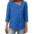 thumbnail image 1 of Ecqkame Womens 3/4 Length Sleeve Linen Shirts Summer Solid Color Casual Button Blouse Dressy Tunic Daily Tops Blue S, 1 of 7