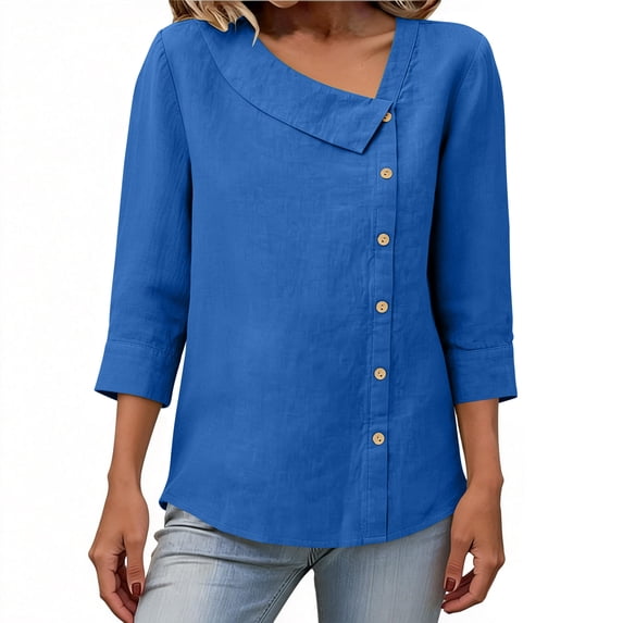 Ecqkame Womens 3/4 Length Sleeve Linen Shirts Summer Solid Color Casual Button Blouse Dressy Tunic Daily Tops Blue S
