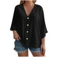 thumbnail image 1 of Ecqkame Womens 3/4 Length Sleeve Summer Tops Trendy Business Dressy Casual Blouses Solid Color V Neck Button Down Shirts Black-A XL, 1 of 8