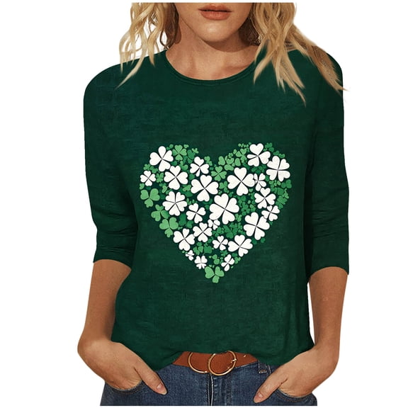 Ecqkame Womens 3/4 Sleeve T Shirts St. Patrick'S Day Round Neck Spring Printed Graphic Tee Tops Lightweight Casual Daily Blouses Army Green XXL