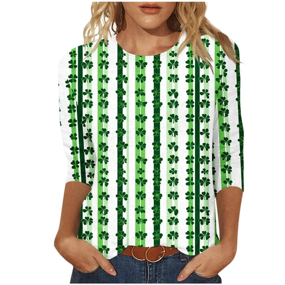 Ecqkame Womens 3/4 Sleeve T Shirts St. Patrick'S Day Round Neck Spring Printed Graphic Tee Tops Lightweight Casual Daily Blouses Green L