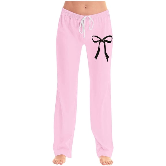Ecqkame Womens Baggy Sweatpants Fashion Bowknot Printing Elastic Waist Trousers Wide Leg Drawstring Full Length Pant Pink M