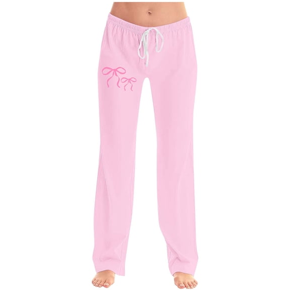 Ecqkame Womens Baggy Sweatpants Fashion Bowknot Printing Elastic Waist Trousers Wide Leg Drawstring Full Length Pant Pink M