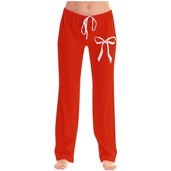 Ecqkame Womens Baggy Sweatpants Fashion Bowknot Printing Elastic Waist Trousers Wide Leg Drawstring Full Length Pant Red XXL