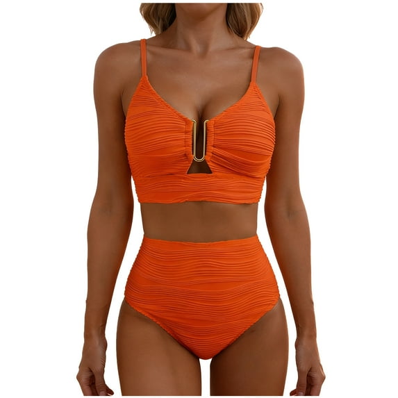 Ecqkame Womens Bikini Sets High Waisted V Neck Hollowed Out Two Piece Swimsuit Solid Color Textured Spaghetti Straps Bathing Suit Orange M