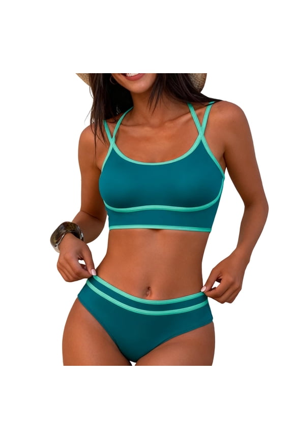 Womens Bikini Sets Two Piece Push-Up Beach Swimsuits Solid Color Adjustable Straps Fashion Bathing Suits Blue S