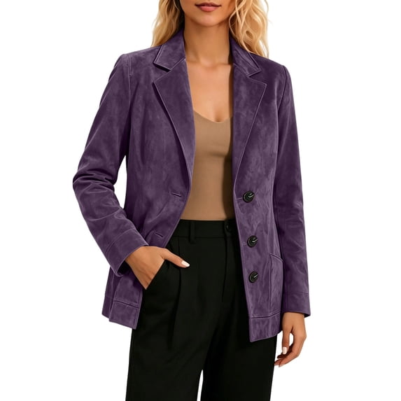 Ecqkame Womens Blazer Jackets Solid Long Sleeve Lapel Button Suit Coats Office Business Casual Fitted Pocket Versatile Outerwear Purple M