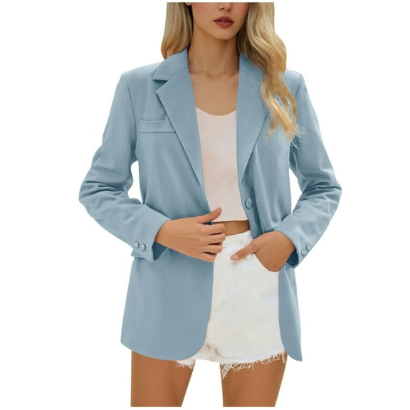 Ecqkame Womens Blazer Long Sleeve Turndown Collar Button Business Casual Office Suits Solid Color Lightweight Pocket Jackets Light Blue M
