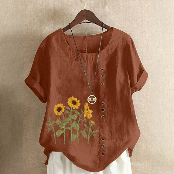 Ecqkame Womens Butterfly Printed T Shirt Tops Clearance Women's Summer Oversize Casual Round-Neck Short Sleeve Flower Printing Loose Shirt Tops Coffee XXXL