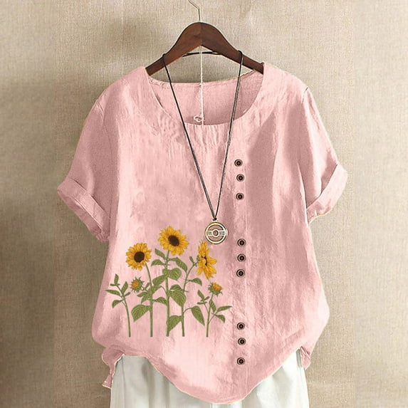 Ecqkame Womens Butterfly Printed T Shirt Tops Clearance Women's Summer Oversize Casual Round-Neck Short Sleeve Flower Printing Loose Shirt Tops M