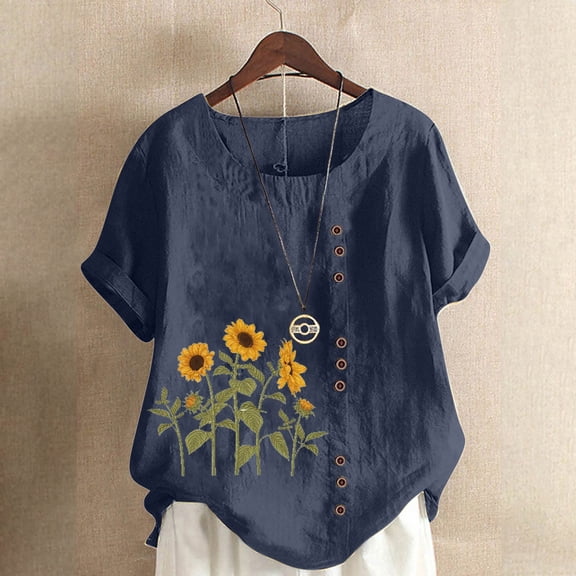 Ecqkame Womens Butterfly Printed T Shirt Tops Women's Summer Oversize Casual Round-Neck Short Sleeve Flower Printing Loose Shirt Tops Navy L