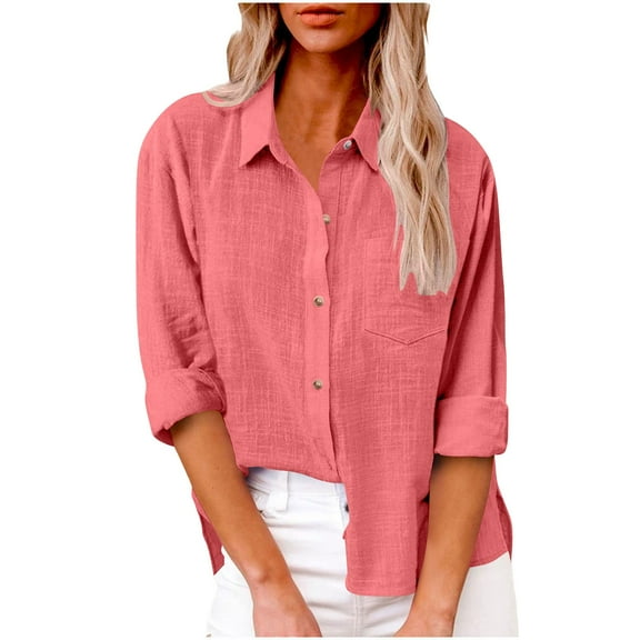 Ecqkame Womens Button Down Shirts Turndown Collar 3/4 Sleeves Solid Color Tops Elegant Dressy Business Casual Blouses 02-Red XXXXL