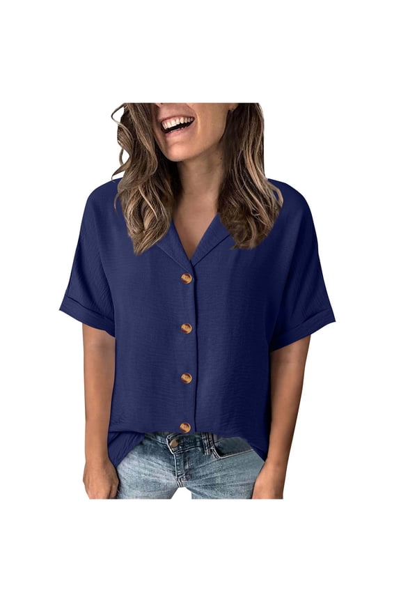 Womens Button Down Tops Turndown Collar Short Sleeve Solid Color Shirt Summer Casual Loose Beach Tops Dark Blue XL
