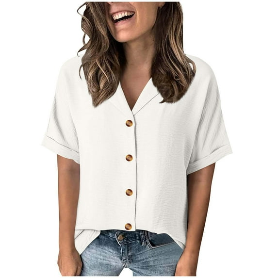 Ecqkame Womens Button Down Tops Turndown Collar Short Sleeve Solid Color Shirt Summer Casual Loose Beach Tops White XL