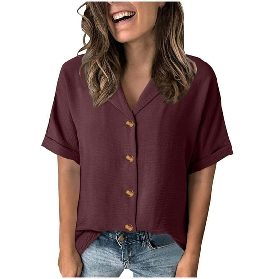 Ecqkame Womens Button Down Tops Turndown Collar Short Sleeve Solid Color Shirt Summer Casual Loose Beach Tops Wine M