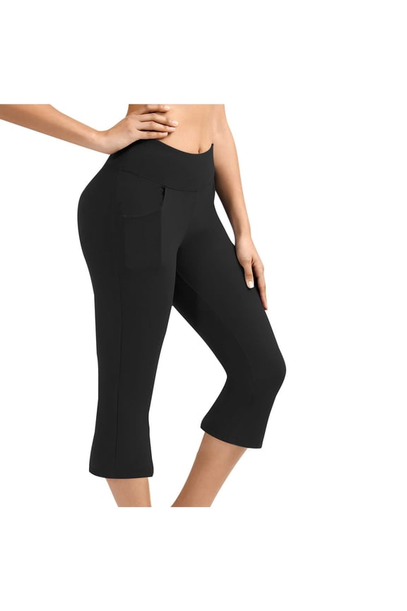 Womens Capri Yoga Flare Pants Summer Elastic Waist Solid Color Athletic Pants Athletic Leggings Pants with Pockets 01-Black L