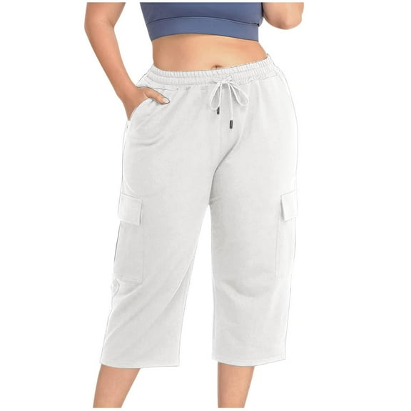 Ecqkame Womens Capris for Summer Loose Casual Solid Color Elastic Waist Drawstring Pants Women's Pants with Pockets White XXL