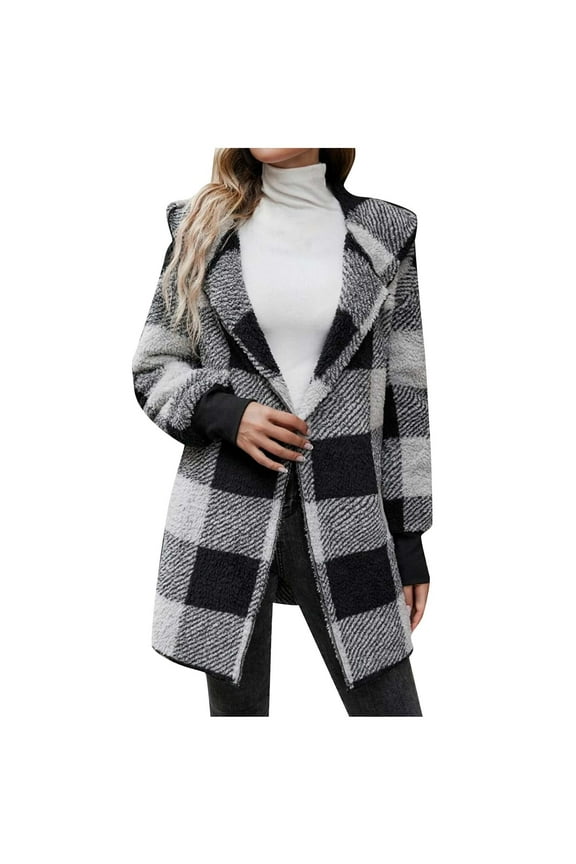Womens Cardigan Women Fashion Winter Coat Long Sleeve Plaid Faux Shearling Oversized Jacket Black M