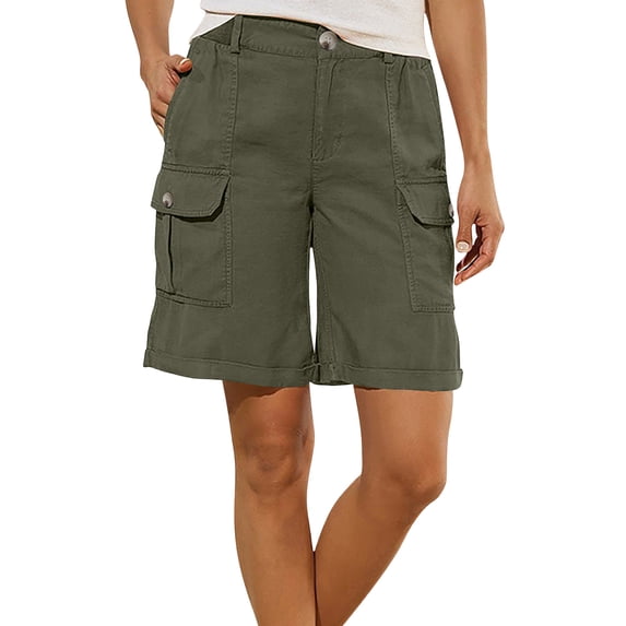 Ecqkame Womens Cargo Shorts Elastic Waist Multi Pocket Lightweight Athletic Shorts Loose Outdoor Hiking Casual Versatile Shorts Army Green L