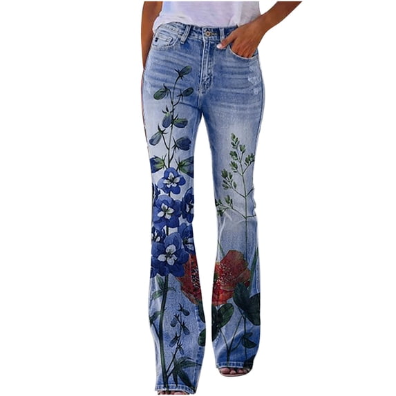 Ecqkame Womens Casual High Waisted Flare Jeans Womens Elastic Waist Stretch Buttons Printing Thin Stretch Skinny Pants Trousers Blue XXL