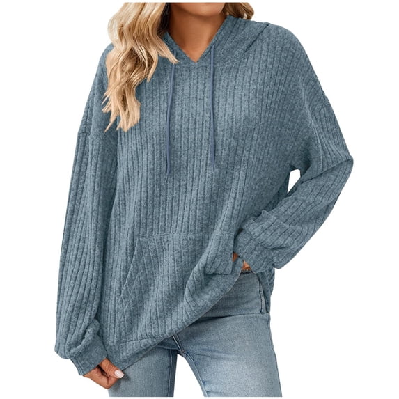 Ecqkame Womens Casual Hoodies Trendy Solid Color Knit Sweatshirt Cute Pullover Drawstring Sweatshirts with Pockets Navy S