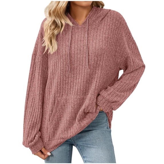 Ecqkame Womens Casual Hoodies Trendy Solid Color Knit Sweatshirt Cute Pullover Drawstring Sweatshirts with Pockets Pink M