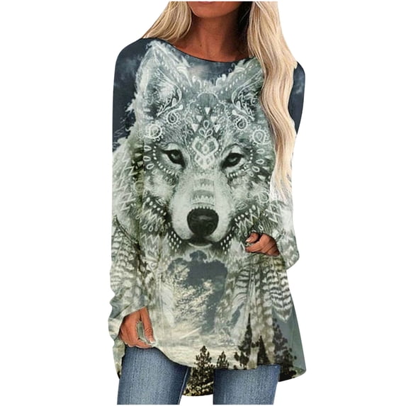 Ecqkame Womens Casual Long Sleeve Tops Clearance Women Fashion Casual Long Sleeve Round Neck Tops Loose Blouse Printed Shirts Light Gray S
