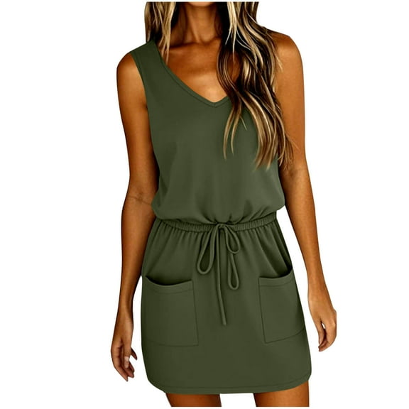 Ecqkame Womens Casual Midi Dresses Solid Color V Neck Sleeveless Dresses Trendy Waist Belted Tank Dress with Pockets Army Green S