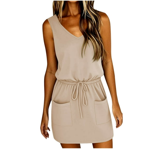 Ecqkame Womens Casual Midi Dresses Solid Color V Neck Sleeveless Dresses Trendy Waist Belted Tank Dress with Pockets Khaki S