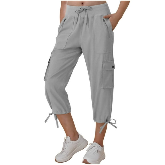 Ecqkame Womens Casual Pants Summer Solid Color Tapered Cargo Pants Loose Elastic Waist Drawstring Cropped Trouser with Pockets 02-Gray 02-02-Gray