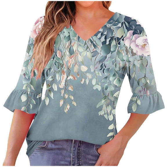 Ecqkame Womens Casual Shirts 3/4 Ruffle Sleeve V Neck Tunic Tops Pleated Floral Print Lightweight Business Dressy Blouses Navy XXL