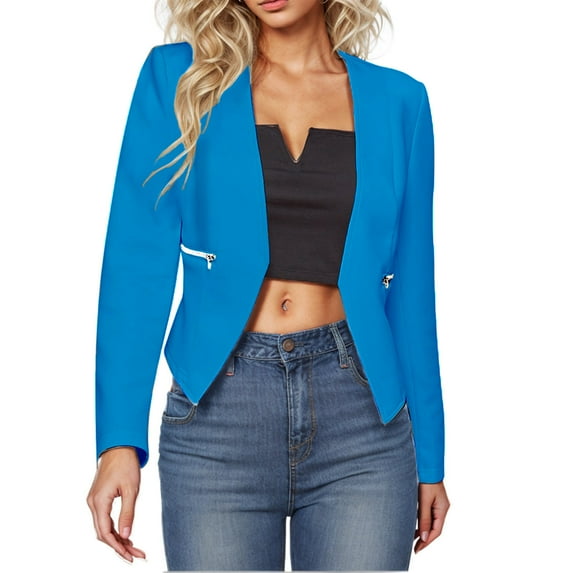 Ecqkame Womens Casual Short Blazer Long Sleeve Cropped Office Business Open Front Blazer Jackets With Zipper Pocket A-Blue S on Clearance
