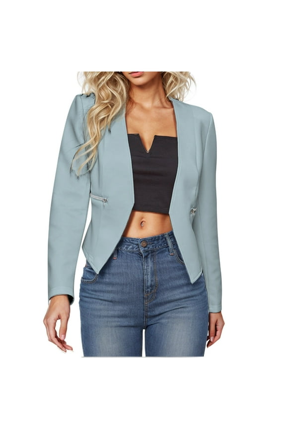 Womens Casual Short Blazer Long Sleeve Cropped Office Business Open Front Blazer Jackets With Zipper Pocket A-Light Blue L