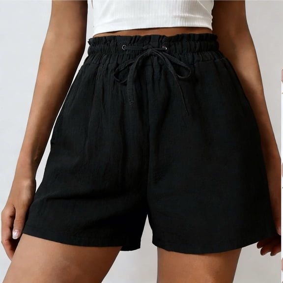 Ecqkame Womens Casual Shorts Summer Ruffle Elastic High Waisted Wide Leg Drawstring Pleated Lounge Beach Shorts with Pockets Black XXL