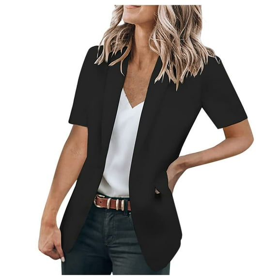 Ecqkame Womens Casual Work Office Open Front Blazer Jacket Short Sleeve Lapel Work Office Suit Jacket Business Outerwear Black M
