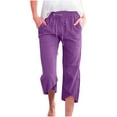 thumbnail image 1 of Ecqkame Womens Cotton Linen Cropped Pants Fashion Casual Elastic Waist Drawstring Pants Lightweight Solid Color Straight Leg Trousers with Pockets 03-Purple L, 1 of 6
