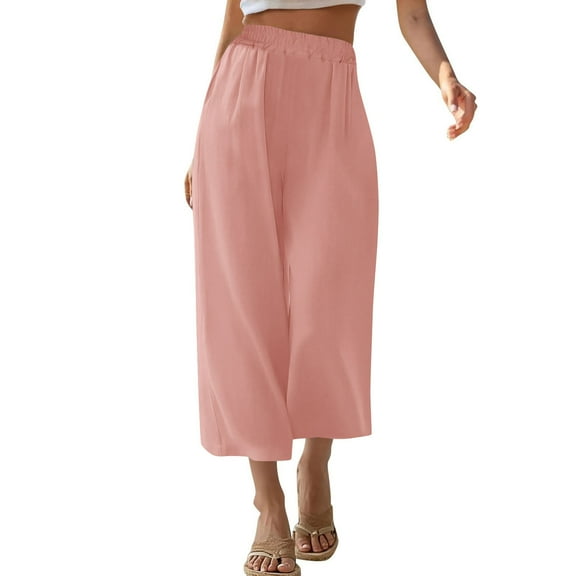 Ecqkame Womens Cotton Linen Cropped Pants Fashion Casual Elastic Waist Drawstring Pants Lightweight Solid Color Wide Leg Trousers with Pockets 02-Pink M