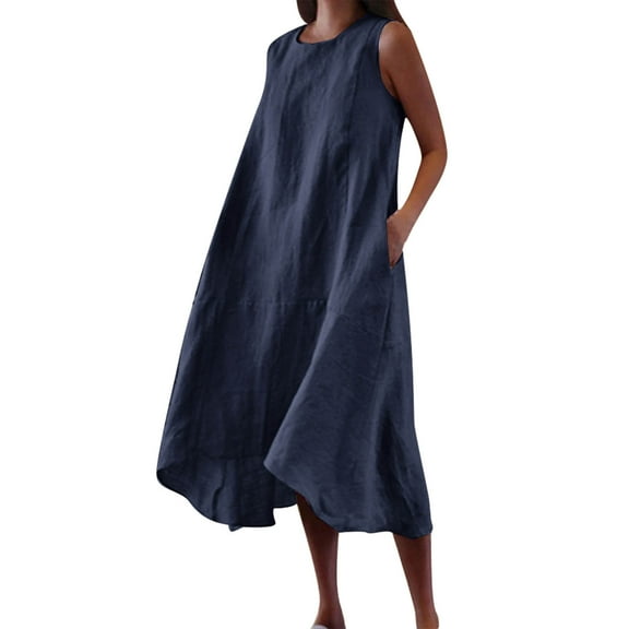 Ecqkame Womens Cotton Linen Dresses Summer Casual Loose Crew Neck Sleeveless Holiday Dress Trendy Solid Color Lightweight Long Dress 02-Navy S
