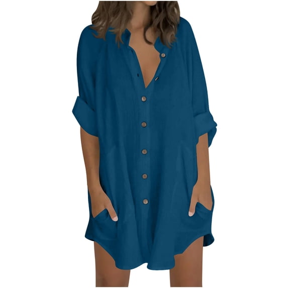Ecqkame Womens Cotton Linen Shirt Dresses Button Down 3/4 Sleeve Turndown Collar Dresses Solid Color Casual Work Tunic Dresses with Pockets 01-Blue XXXXL