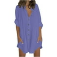 thumbnail image 1 of Ecqkame Womens Cotton Linen Shirt Dresses Button Down 3/4 Sleeve Turndown Collar Dresses Solid Color Casual Work Tunic Dresses with Pockets 01-Purple XXXL, 1 of 5