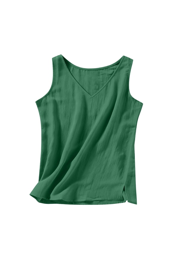 Womens Cotton Linen Tank Tops V Neck Casual Sleeveless Cami Shirts Side Split Basic Lightweight Loose Top Green S
