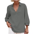 thumbnail image 1 of Ecqkame Womens Cotton Linen Tops 3/4 Length Sleeve V Neck Pullover Lightweight Tunic Blouse Loose Everyday Shirts Dark Gray L, 1 of 8