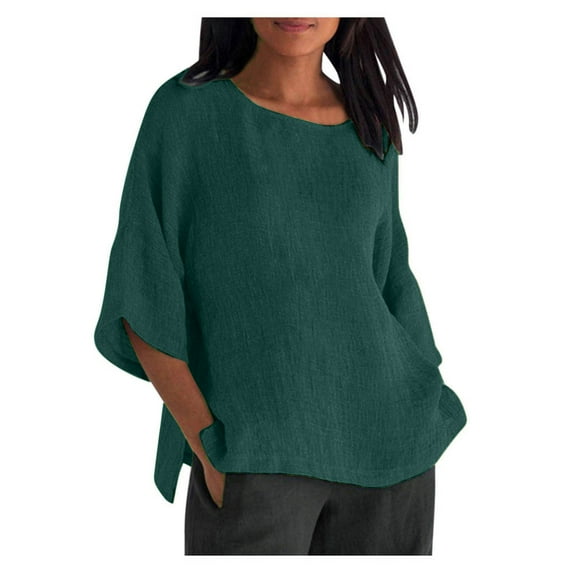 Ecqkame Womens Cotton Linen Tops Solid Casual Loose Tops 3/4 Sleeve Shirt Round-Neck Blouses Green S
