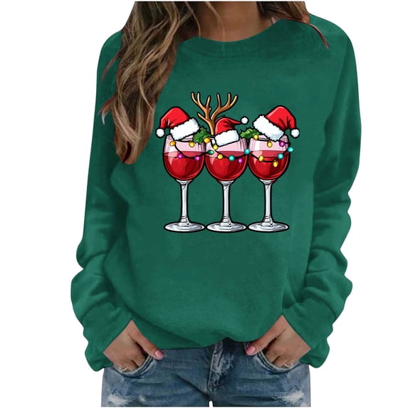 Ecqkame Womens Crew Neck Sweatshirts Christmas Print Long Sleeve Casual Loose Pullover Top Holiday Daily Comfy Fit Sweatshirt Army Green XL