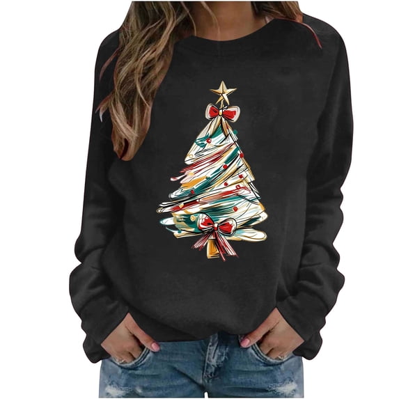 Ecqkame Womens Crew Neck Sweatshirts Christmas Print Long Sleeve Casual Loose Pullover Top Holiday Daily Comfy Fit Sweatshirt Black M