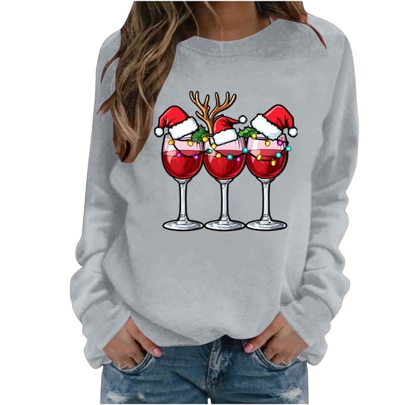Ecqkame Womens Crew Neck Sweatshirts Christmas Print Long Sleeve Casual Loose Pullover Top Holiday Daily Comfy Fit Sweatshirt Gray M